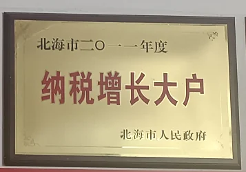 北海六禾电子纳税增长大户荣誉牌匾