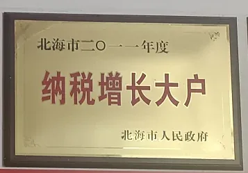 北海六禾电子纳税增长大户荣誉牌匾